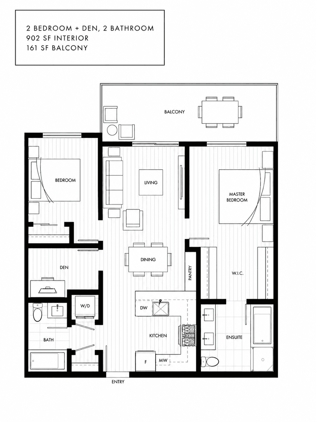 Floor plan for 326-55 Klahanie Drive: 2 bedroom plus den, 2 bathroom, 902 sqft interior with 161 sqft balcony